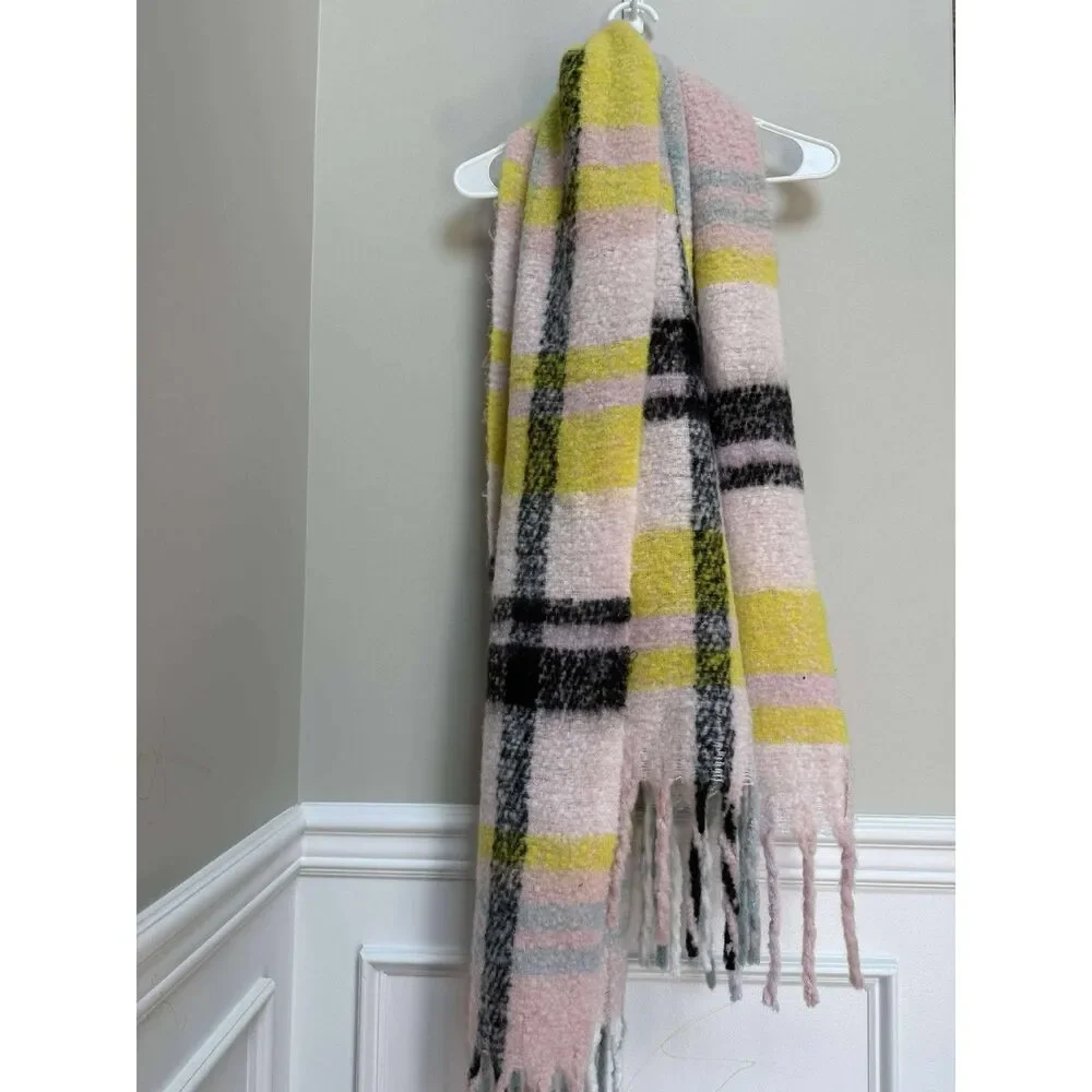 By Anthropologie Delaney Cozy Plaid Fringe Trim Blanket Scarf Pastel